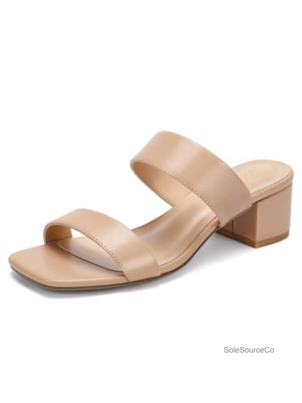 Faux Leather Two Strap Heeled Sandals Non-Slip Block Heel Square Toe Slip On